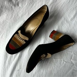 VINTAGE 60’s Joseph Magnin Multicolor Striped Black Loafer Suede Heels